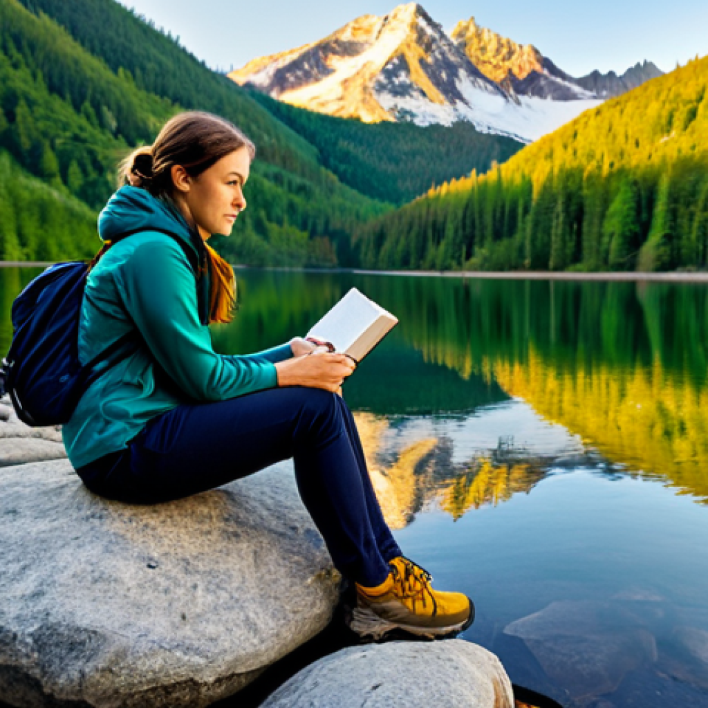 Woman Reflecting in Nature**

"A woman in her late 20s, fully clothed in comfortable hiking attire, sitting on a large rock overlooking a serene mountain lake. She is holding a journal and pen, looking thoughtful and at peace. The scene is bathed in golden hour sunlight. Background: Lush green forest and distant snow-capped peaks. Perfect anatomy, correct proportions, natural pose, safe for work, appropriate content, modest attire, family-friendly, professional photography, high quality, realistic."

**