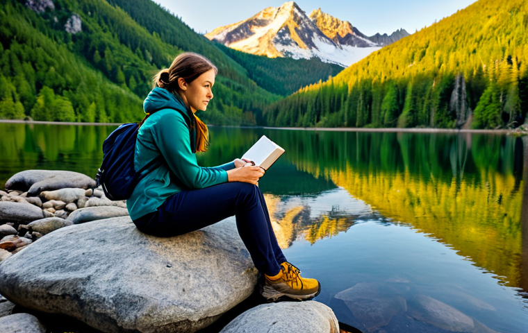 Woman Reflecting in Nature**
"A woman in her late 20s, fully clothed in comfortable hiking attire, sitting on a large rock overlooking a serene mountain lake. She is holding a journal and pen, looking thoughtful and at peace. The scene is bathed in golden hour sunlight. Background: Lush green forest and distant snow-capped peaks. Perfect anatomy, correct proportions, natural pose, safe for work, appropriate content, modest attire, family-friendly, professional photography, high quality, realistic."
**
