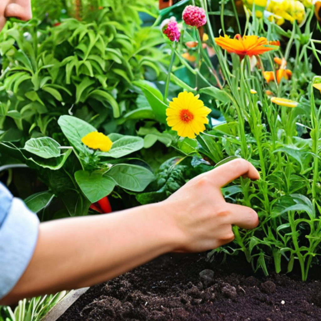 미니멀라이프 소셜 미디어 관리 - Curated Feed**
"A person peacefully gardening, pruning plants in a vibrant garden filled with diver...