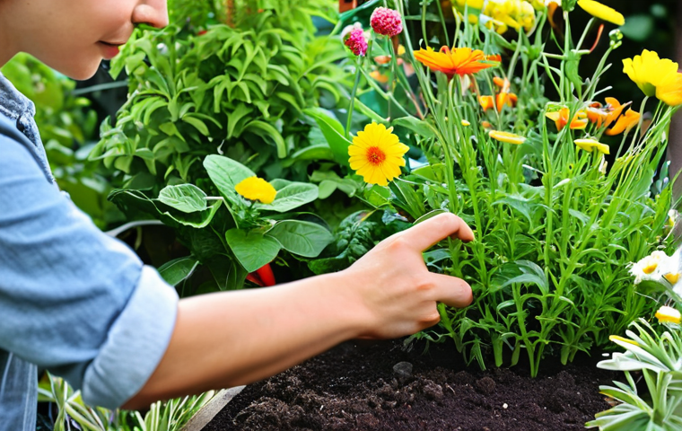 미니멀라이프 소셜 미디어 관리 - Curated Feed**
"A person peacefully gardening, pruning plants in a vibrant garden filled with diver...
