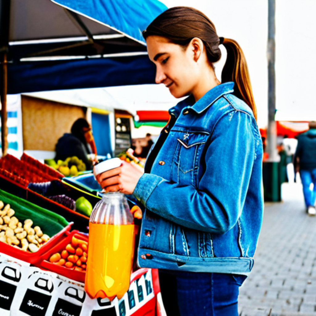 미니멀라이프 외출 준비물 리스트 - Woman at Farmer's Market**

"A young woman browsing a farmer's market stall, holding a collapsible w...