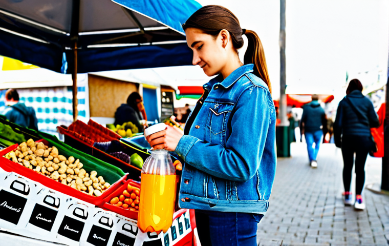 미니멀라이프 외출 준비물 리스트 - Woman at Farmer's Market**
"A young woman browsing a farmer's market stall, holding a collapsible w...