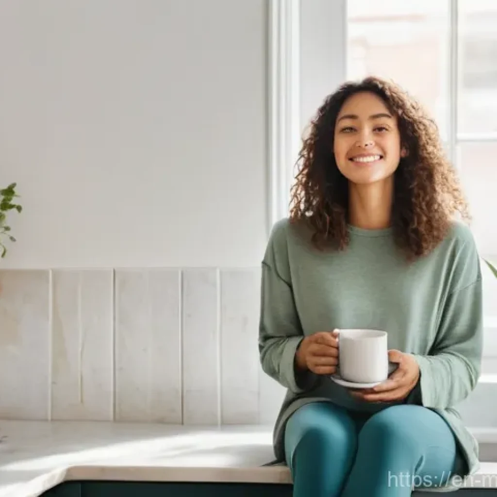 미니멀라이프 정신 건강 - **Prompt:** A young woman in her late 20s, with a calm and serene expression, enjoys a peaceful morn...