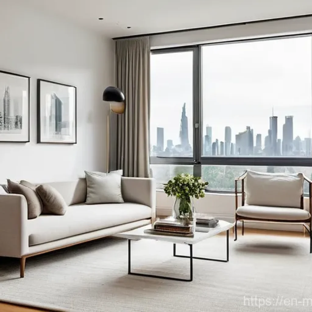 미니멀라이프 고립된 생활 - **Minimalist Urban Sanctuary:** A bright, airy, and impeccably clean minimalist living room in a mod...