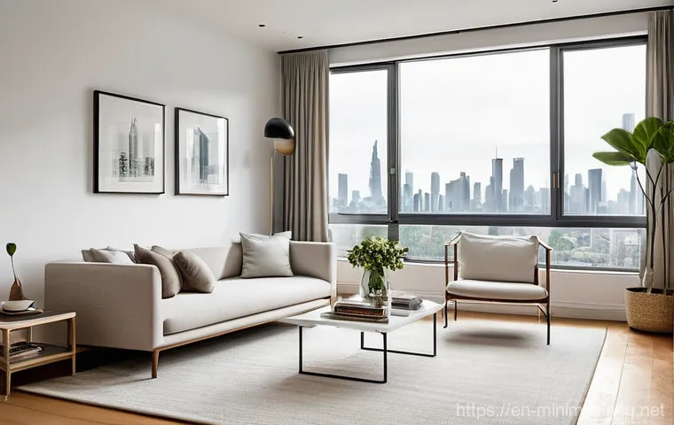 미니멀라이프 고립된 생활 - **Minimalist Urban Sanctuary:** A bright, airy, and impeccably clean minimalist living room in a mod...