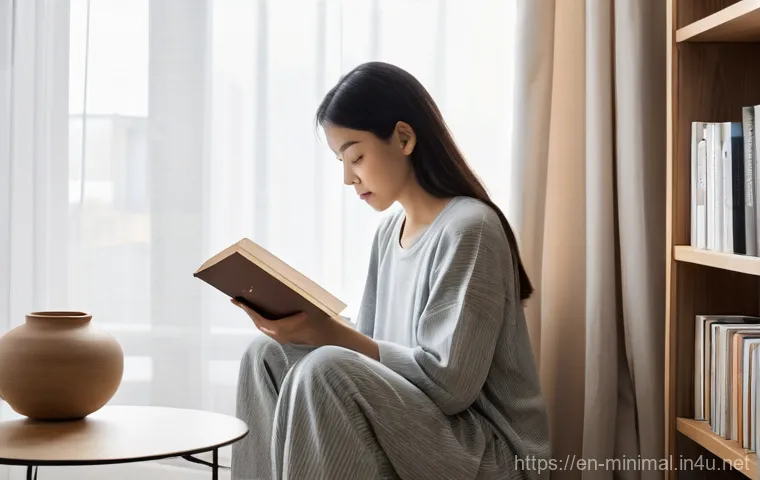 미니멀라이프 1인 가구 - A serene and organized minimalist living space, bathed in soft, natural light filtering through shee...