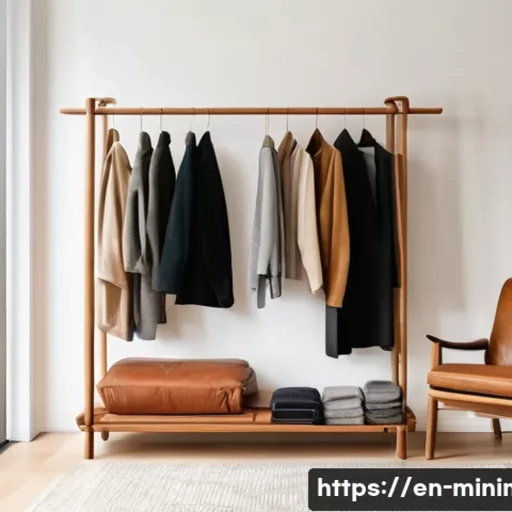 미니멀라이프 쇼핑 습관 - A cozy, minimalist living room scene featuring a well-organized capsule wardrobe in soft neutral ton...
