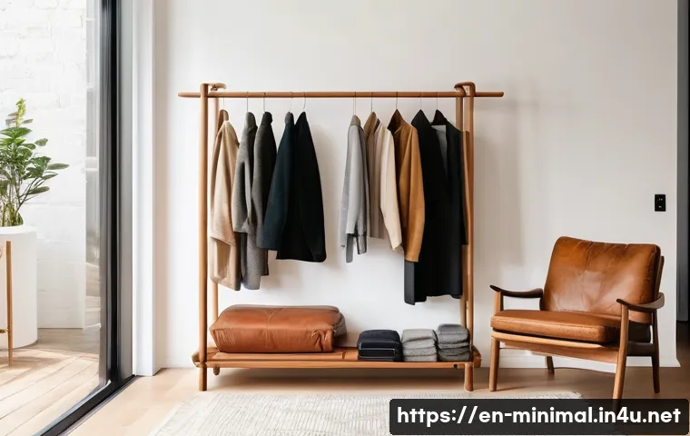 미니멀라이프 쇼핑 습관 - A cozy, minimalist living room scene featuring a well-organized capsule wardrobe in soft neutral ton...