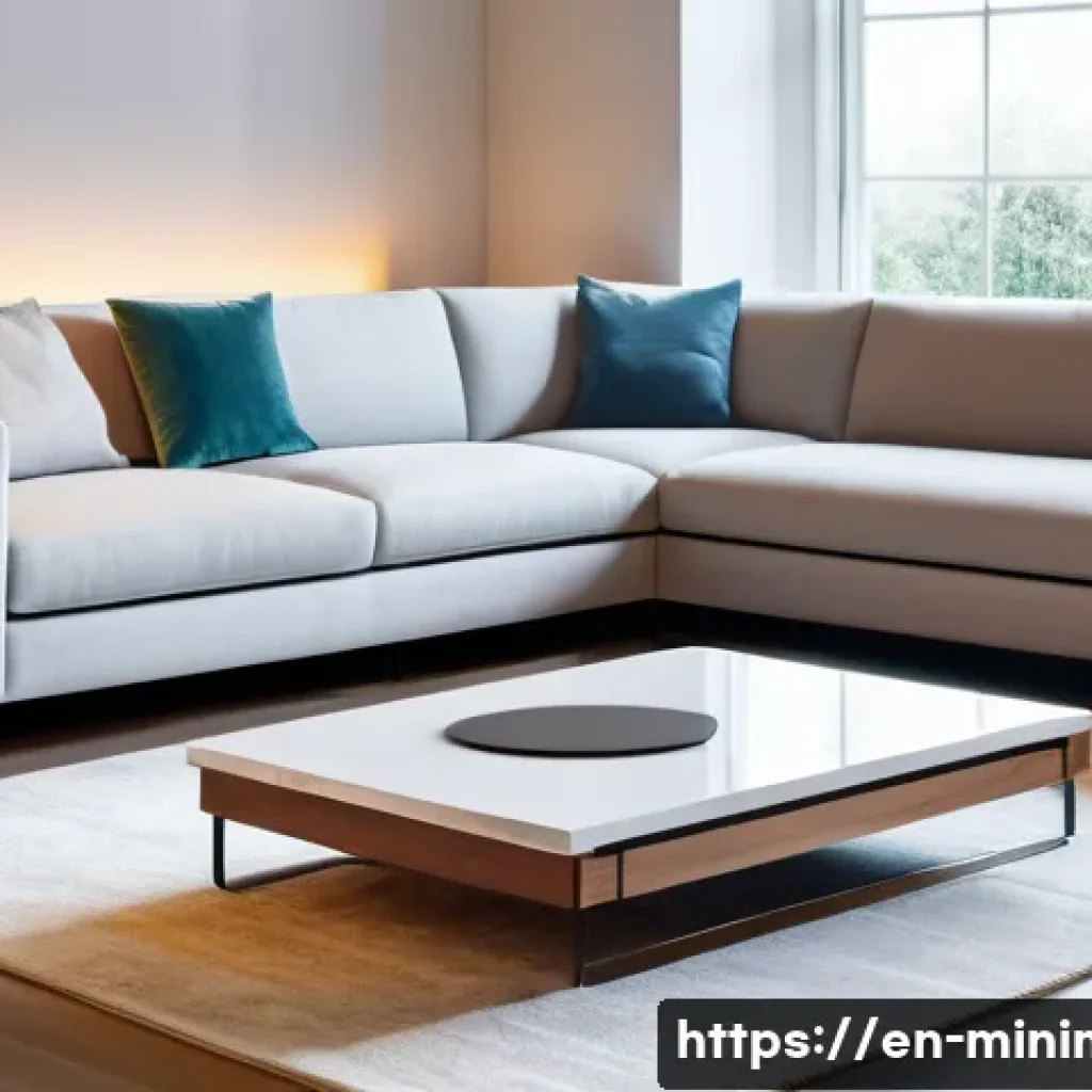 미니멀라이프 스마트 홈 기기 활용 - A modern minimalist living room illuminated by smart lighting, featuring adjustable LED bulbs castin...