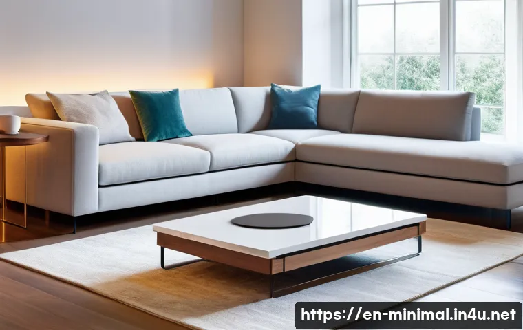 미니멀라이프 스마트 홈 기기 활용 - A modern minimalist living room illuminated by smart lighting, featuring adjustable LED bulbs castin...