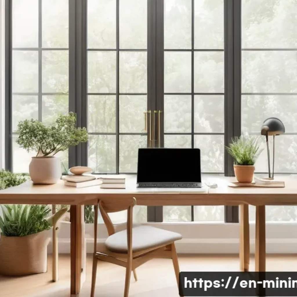 미니멀라이프 바쁜 일상 속에서 실천하기 - A serene, minimalist home office space bathed in natural sunlight from large windows, featuring a cl...