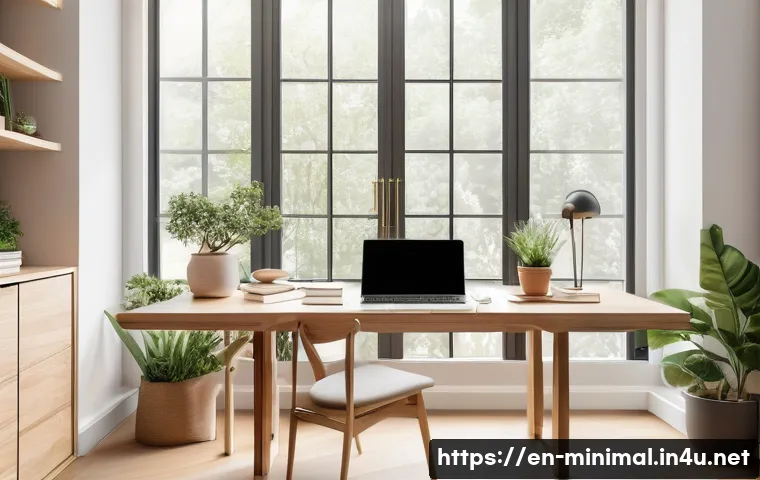 미니멀라이프 바쁜 일상 속에서 실천하기 - A serene, minimalist home office space bathed in natural sunlight from large windows, featuring a cl...