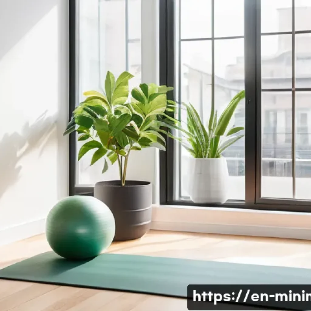 미니멀라이프 운동 기구 - A bright, modern small apartment corner transformed into a minimalist workout space, featuring a rol...