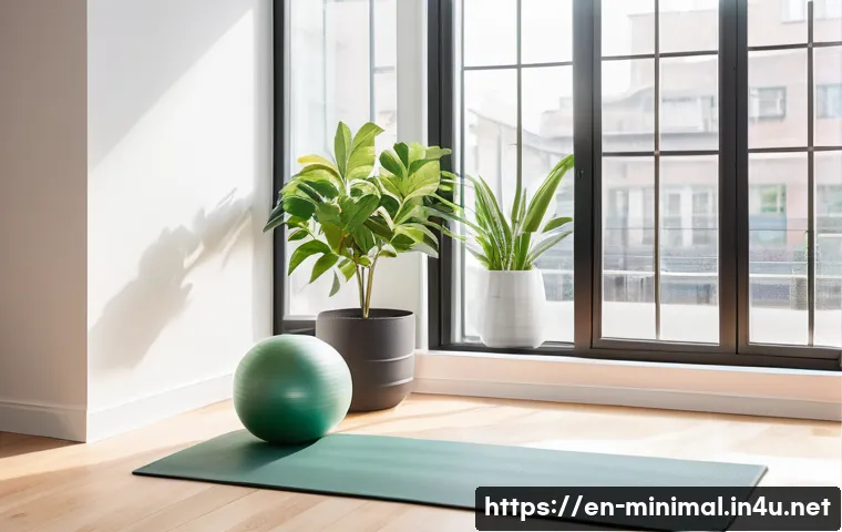 미니멀라이프 운동 기구 - A bright, modern small apartment corner transformed into a minimalist workout space, featuring a rol...
