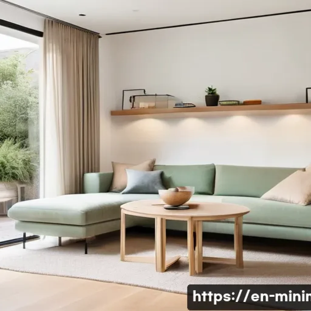 미니멀라이프 나만의 공간 만들기 - A minimalist living room showcasing multi-functional furniture with simple lines and neutral tones: ...