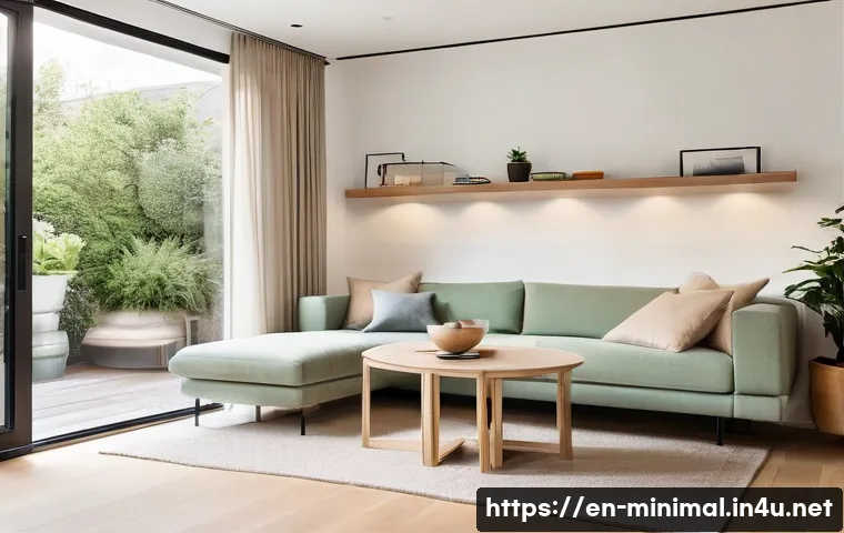 미니멀라이프 나만의 공간 만들기 - A minimalist living room showcasing multi-functional furniture with simple lines and neutral tones: ...