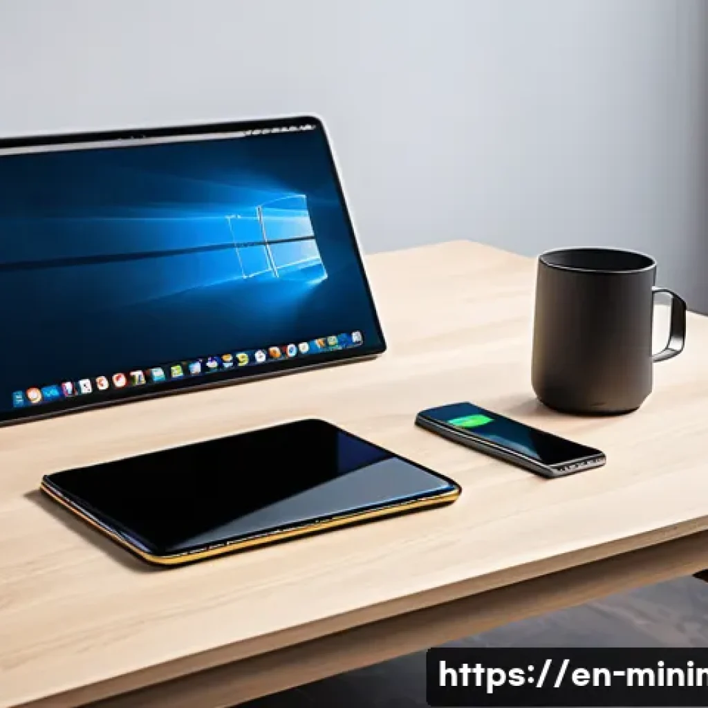 미니멀라이프 휴대용 아이템 - A sleek, modern workspace featuring a slim, multi-port USB-C charger plugged into a minimalist desk ...