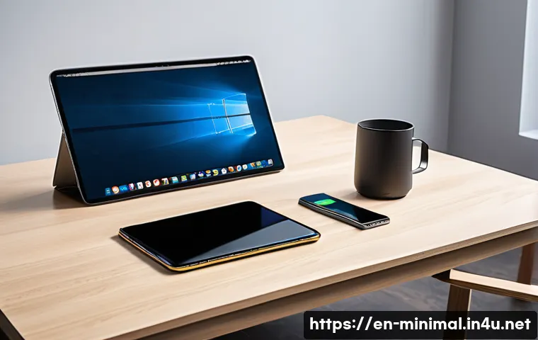 미니멀라이프 휴대용 아이템 - A sleek, modern workspace featuring a slim, multi-port USB-C charger plugged into a minimalist desk ...