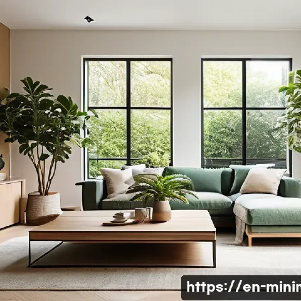 미니멀라이프 삶의 정리 - A serene minimalist living room bathed in natural light, featuring clean lines and neutral tones, wi...