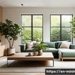 Home 22 미니멀라이프 삶의 정리 - A serene minimalist living room bathed in natural light, featuring clean lines and neutral tones, wi...