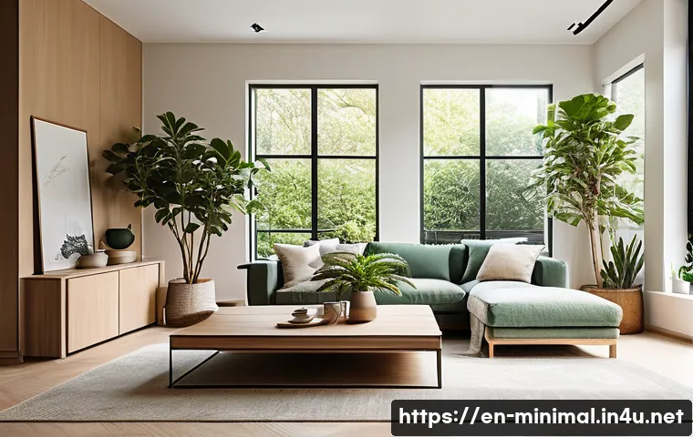 미니멀라이프 삶의 정리 - A serene minimalist living room bathed in natural light, featuring clean lines and neutral tones, wi...