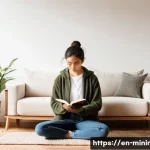 Home 21 미니멀라이프 무소유 - A cozy, minimalist living room bathed in soft natural light, featuring a simple wooden bookshelf wit...