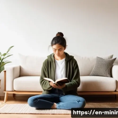 Home 33 미니멀라이프 무소유 - A cozy, minimalist living room bathed in soft natural light, featuring a simple wooden bookshelf wit...