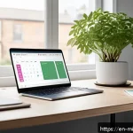 Home 20 미니멀라이프 자주 사용하는 앱 - A modern, minimalist home office scene featuring a sleek laptop displaying a smart task management a...