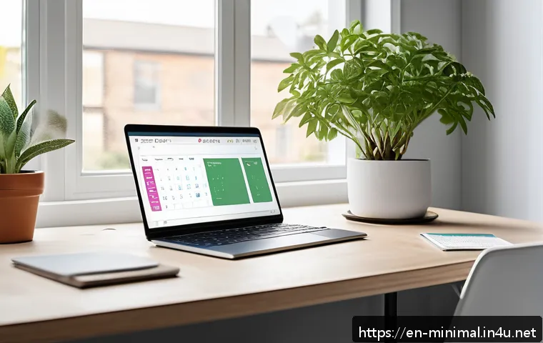 미니멀라이프 자주 사용하는 앱 - A modern, minimalist home office scene featuring a sleek laptop displaying a smart task management a...