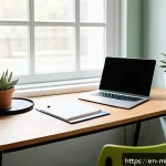 Home 19 미니멀라이프 워라밸 - A bright, minimalist home office scene featuring a clean desk with only a sleek laptop, a small gree...