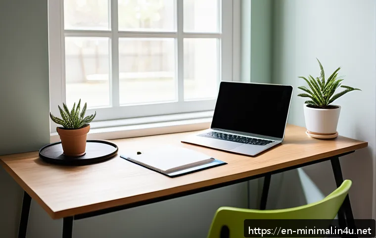 미니멀라이프 워라밸 - A bright, minimalist home office scene featuring a clean desk with only a sleek laptop, a small gree...