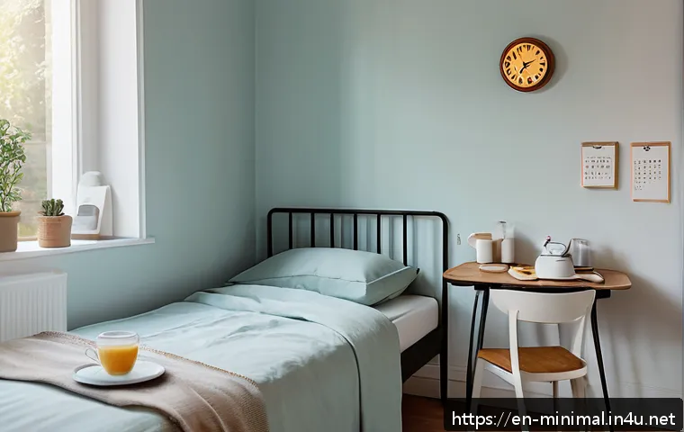 미니멀라이프 여유 시간을 만드는 방법 - A cozy, sunlit bedroom scene featuring a neatly arranged outfit laid out on a chair and a healthy br...