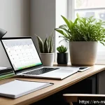 Home 23 미니멀라이프 시간 관리 - A modern home office scene during morning hours, featuring a tidy desk with minimal clutter, a dayli...