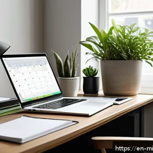 Home 17 미니멀라이프 시간 관리 - A modern home office scene during morning hours, featuring a tidy desk with minimal clutter, a dayli...