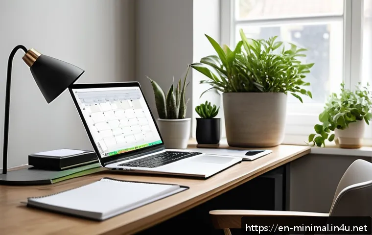 미니멀라이프 시간 관리 - A modern home office scene during morning hours, featuring a tidy desk with minimal clutter, a dayli...