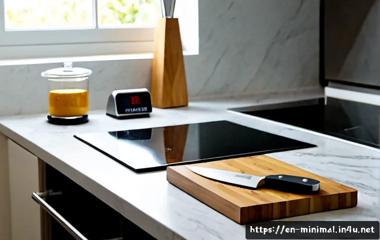 미니멀라이프 주방용품 추천 - Photorealistic minimalist kitchen countertop in a bright modern American home, a carefully curated s...