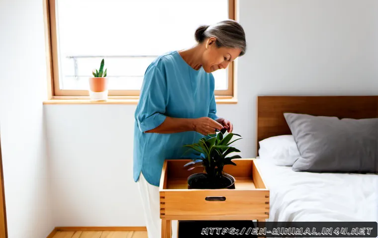 Home 30 미니멀라이프 문화 체험 - Photorealistic minimalist living culture experience in a bright modern apartment, a middle-aged woma...