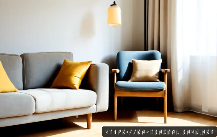 미니멀라이프 중고 제품 활용 - Photorealistic minimalist apartment living room, a thoughtfully selected secondhand wooden coffee ta...